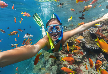 A woman wearing flippers and goggles is swimming in the blue sea, surrounded by colorful fish like orange butterflyfishes - obrazy, fototapety, plakaty