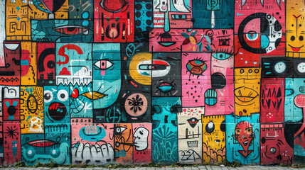 A vibrant graffiti wall filled with a variety of bold cartoonish characters and abstract shapes in bright colors, creating an energetic and playful urban art piece.