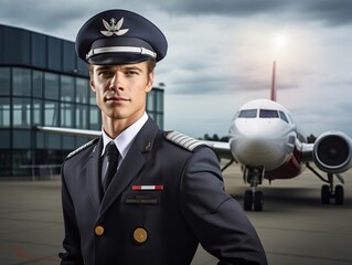 Obraz premium Portrait of a young pilot standing in front of a modern plane at the airport