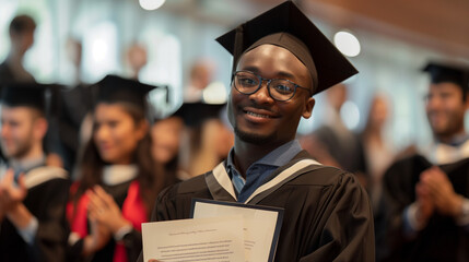 Happy Graduate in Cap and Gown, Diversity, University Ceremony - obrazy, fototapety, plakaty
