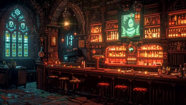 Fantasy medieval bar with adventurous theme. seamless looping 4k time-lapse animation video background