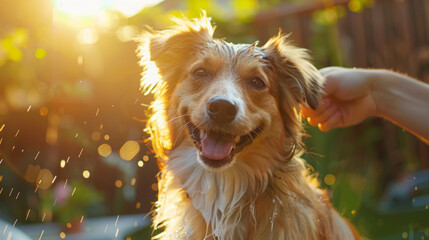 A wet dog with a fluffy coat is being held up showing its cheerful face, backlit by warm sunlight with water droplets gleaming around it. - obrazy, fototapety, plakaty