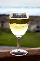 Waves breaking along the rocky Tsitsikamma coastline, South Africa, reflected in a single glass of white wine