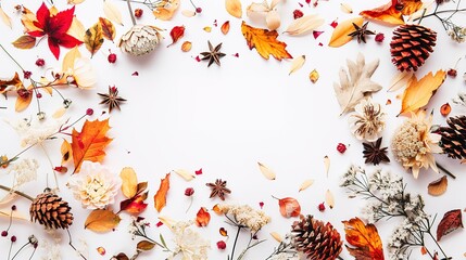 Autumn composition frame made of autumn dried flowers and leaves on white background flat lay top view copy space,Geenerative ai,