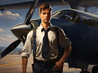 Portrait of a young pilot standing in front of a modern plane at the airport