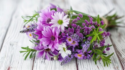 Beautiful purple flower bouquet is blooming put on white wood ,Geenerative ai, - obrazy, fototapety, plakaty