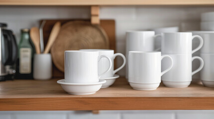 Fototapeta na wymiar Array of White Coffee Cups on Open Shelving, Kitchen Organization