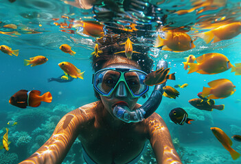 A woman wearing flippers and goggles is swimming in the blue sea, surrounded by colorful fish like orange butterflyfishes - obrazy, fototapety, plakaty