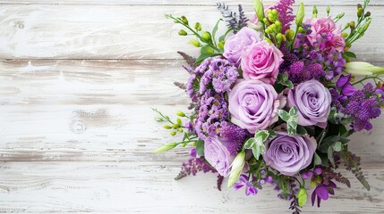 Beautiful purple flower bouquet is blooming put on white wood ,Geenerative ai,