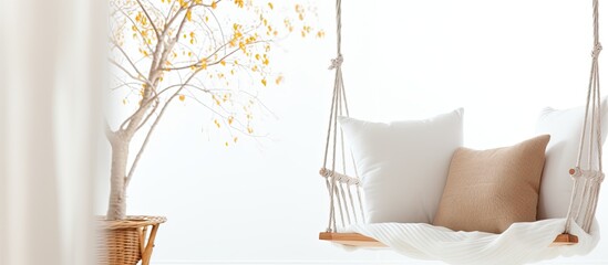 A white swing chair with a comfortable pillow placed outside in a serene setting