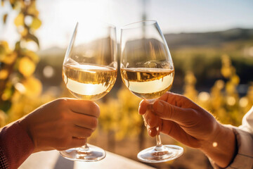 Two hands holding wine glasses in the act of toasting in a vineyard landscape.	 - obrazy, fototapety, plakaty