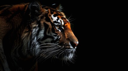 Fototapeta na wymiar majestic predator closeup shot of wild tiger in dark isolation