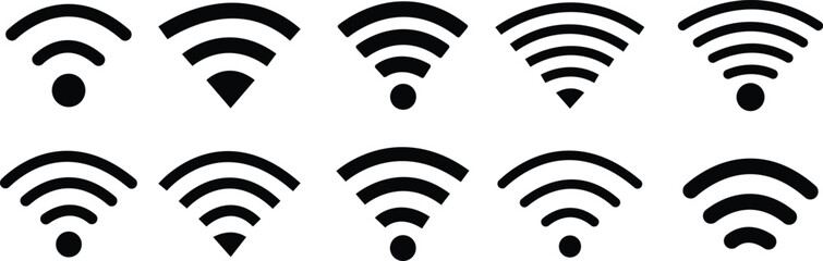 Set of Wireless Network icons Fill styles. Depicting symbols related to wireless Wi-Fi connectivity, including Wi-Fi signs and internet connection, that enable remote access on transparent background. - obrazy, fototapety, plakaty