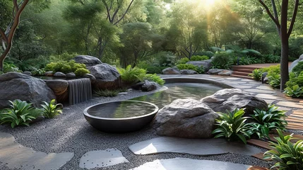 Fotobehang The first rays of sunrise bathe a zen garden oasis, highlighting a circular pool and winding path amidst lush greenery. A sense of tranquility and balance is conveyed through the careful landscape © Zhanna