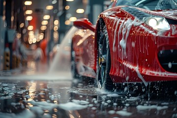 Man washing shiny red sports car with highpressure washer at car wash. Concept Car Care, High-Pressure Washing, Automotive Detailing, Shiny Red Sports Car, Car Wash - obrazy, fototapety, plakaty