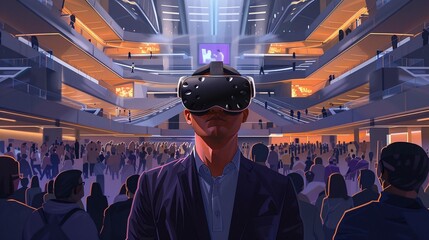 vr experience senior business manager man attend meeting wearing vr virtual goggle glasses standing in auditorium convention hall with crowd of business people background - obrazy, fototapety, plakaty
