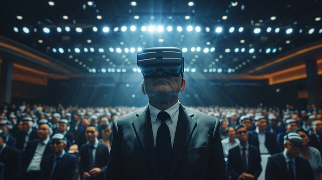 senior manager experiencing virtual reality, attending immersive conference event in auditorium convention hall with professional crowd