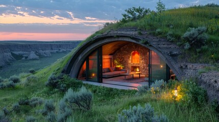 A contemporary survival shelter seamlessly blends into the forest with a lush green roof and large glass windows. - obrazy, fototapety, plakaty