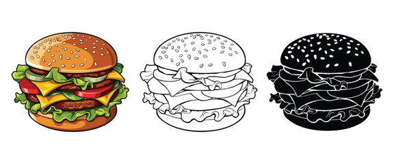 Burger vector illustration, outline, silhouette on white background