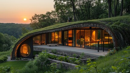 A contemporary survival shelter seamlessly blends into the forest with a lush green roof and large glass windows.