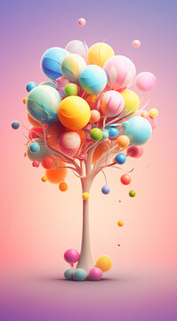 Abstract illustration of tree with different colored  bubbles on orange background.