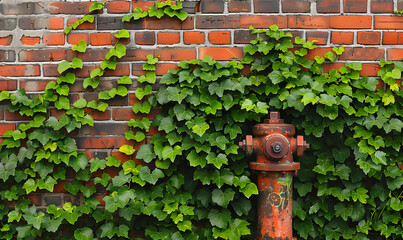 a brick wall with ivy growing on the top of it and a fire hydrant in the middle of the wall, Generative AI