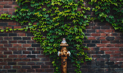 Fototapeta na wymiar a brick wall with ivy growing on the top of it and a fire hydrant in the middle of the wall, Generative AI