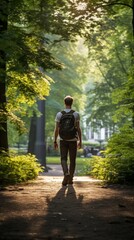 Fototapeta premium A man with a backpack walking through the park in summer