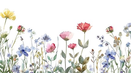 Wild flowers watercolor frame botanical hand drawn illustration,Generative ai, 