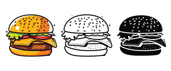 Burger vector illustration, outline, silhouette on white background