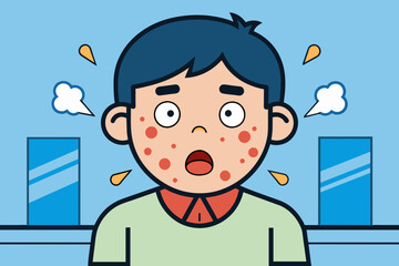 a boy with a surprised, frightened expression on his face. allergic reaction in the form of red spots on the face. seasonal allergy to pollen from flowering plants. concept is medicine, treatment