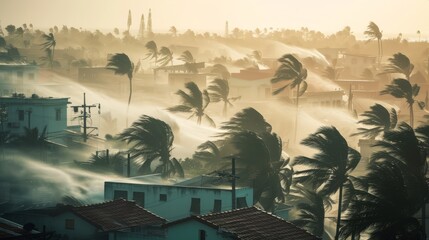Hurricane and heavy rain in a tropical city with palm trees
 - Powered by Adobe
