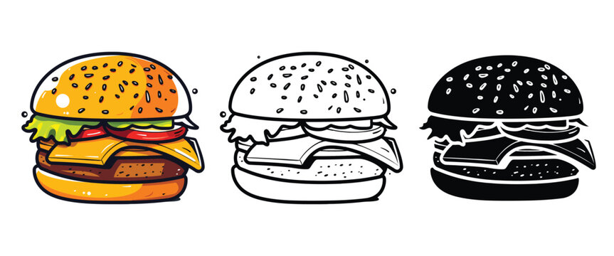 Burger vector illustration, outline, silhouette on white background