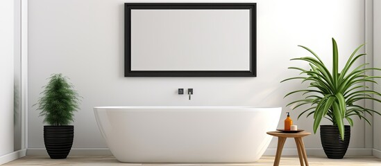 A digital illustration of a contemporary bathroom featuring a deep bathtub and a lush potted plant