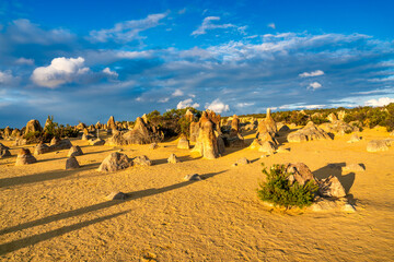 Lunar lanscape of the Pinnacles Desert at Nambung National Park, Western Australia at sunset