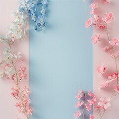 Pink, blue and white cherry blossom on pink and blue background.