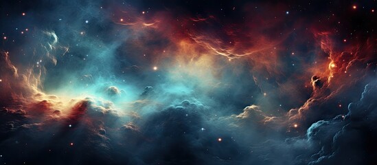 The painting depicts a nebula in space, with swirling clouds of various colors resembling a celestial landscape, creating a mesmerizing astronomical object - obrazy, fototapety, plakaty