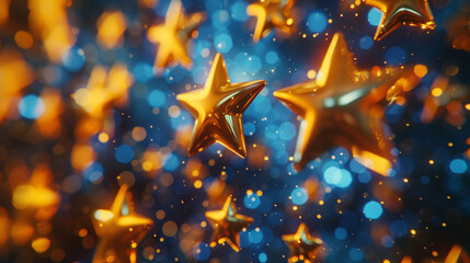 Customer review rating concept. Shimmering golden stars with a bokeh light effect on a deep blue background, conveying a festive or celebratory mood for versatile use in design and marketing.