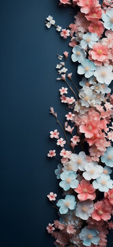 Blue background with white and pink flowers. Natural spring concept.