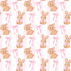 Coquette seamless pattern bunny with ribbon bow pink