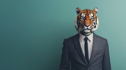 animal tiger jungle concept anthromorphic friendly wearing suit formal business suit pretending to work in corporate workplace studio shot on plain color wall - obrazy, fototapety, plakaty