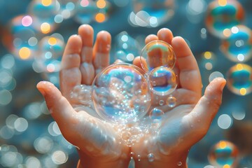 Childrens hands being cleaned with soap bubbles to prevent germ spread. Concept Hygiene, Children's Health, Soap Bubbles, Germ Prevention, Healthy Habits