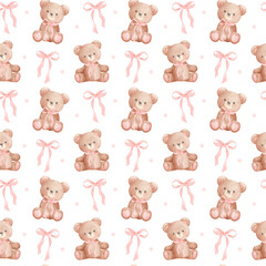 Coquette seamless pattern teddy bear with ribbon bow pink