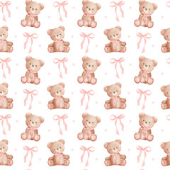 Coquette seamless pattern teddy bear with ribbon bow pink