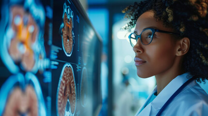 Confident healthcare professional analyzing brain scans on a digital screen in a high-tech medical facility. Focus on the determination and expertise as she examines detailed medical images. - obrazy, fototapety, plakaty
