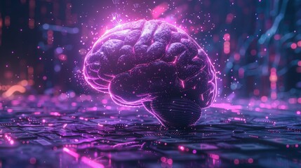 Digital art portrays a human brain shaped with purple neural connection lines and glowing dots - obrazy, fototapety, plakaty
