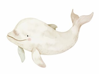 A watercolor illustration depicts a cute cartoon Beluga whale on a white background