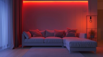 Modern designer red sofas against a red solid color background, creating a minimalist atmosphere