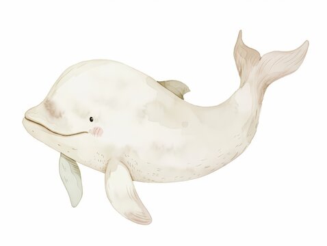 A watercolor illustration depicts a cute cartoon Beluga whale on a white background