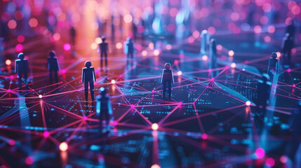 Networking People. a network with human figures connected by glowing lines and nodes on a vibrant blue and pink digital background, symbolizing social media, communication, and technology.